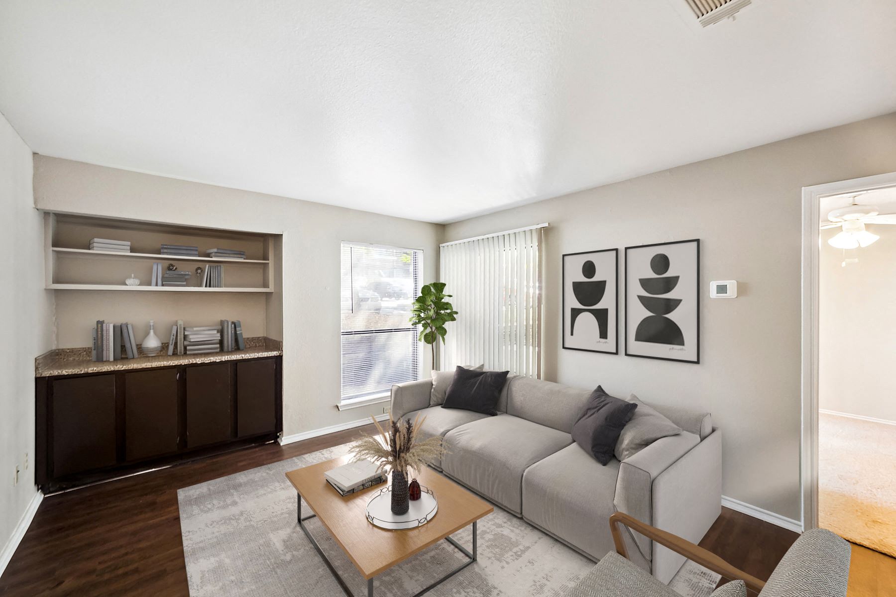 a living room with a couch and a coffee table